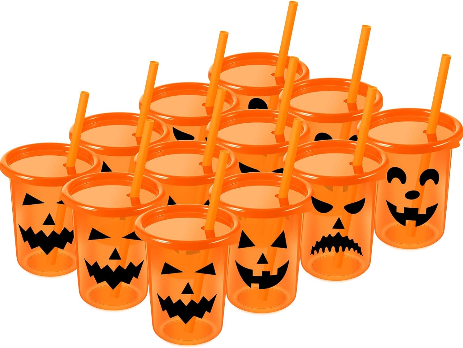 Nuanchu 12 vasos de plástico de Halloween para niños con tapas y pajillas, 10 onzas, reutilizables, con cara de calabaza, vasos para niños pequeños,