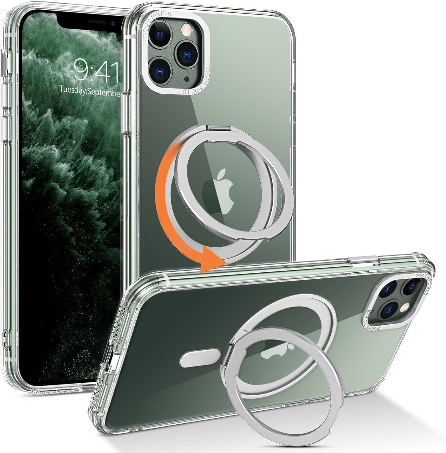YINLAI Funda para iPhone 11 Pro Max, magnética compatible con Magsafe con soporte de anillo giratorio de 360, soporte invisible, delgada,