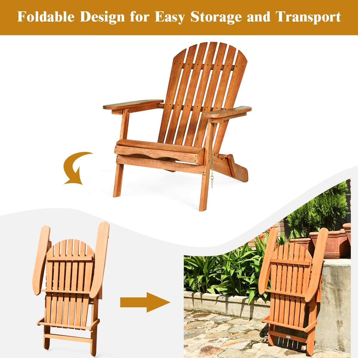 Giantex Adirondack – Juego de sillas plegables de madera de 3 piezas con reposabrazos ampliados, marco de eucalipto y mesa auxiliar para exteriores