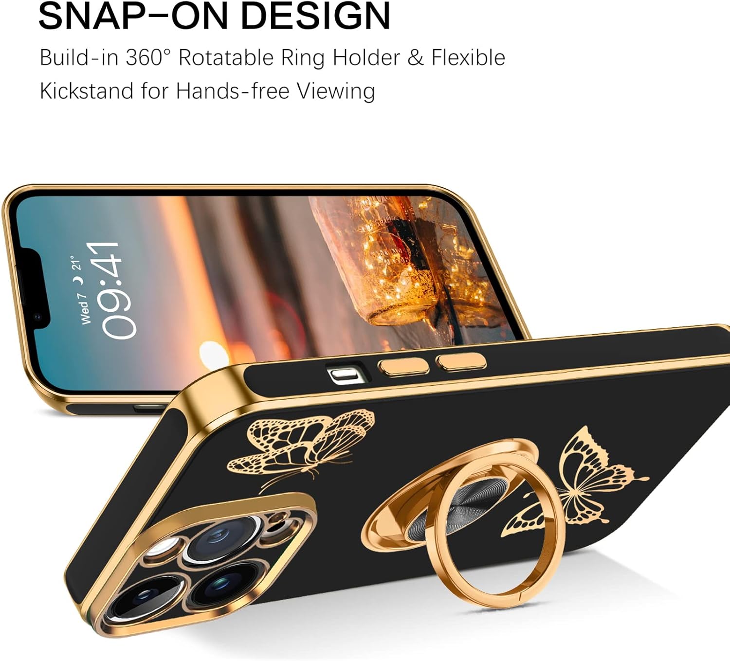 BENTOBEN Funda para iPhone 13 Pro Max, funda para teléfono iPhone 13 Pro Max, delgada y bonita mariposa chapada en 360, soporte magnético para