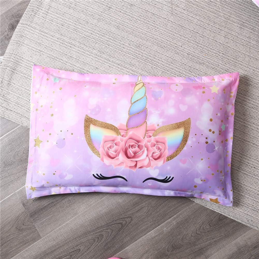 ADASMILE A & S Juego de ropa de cama de unicornio tamaño individual para niñas, juego de ropa de cama para niñas con estampado floral de corazón