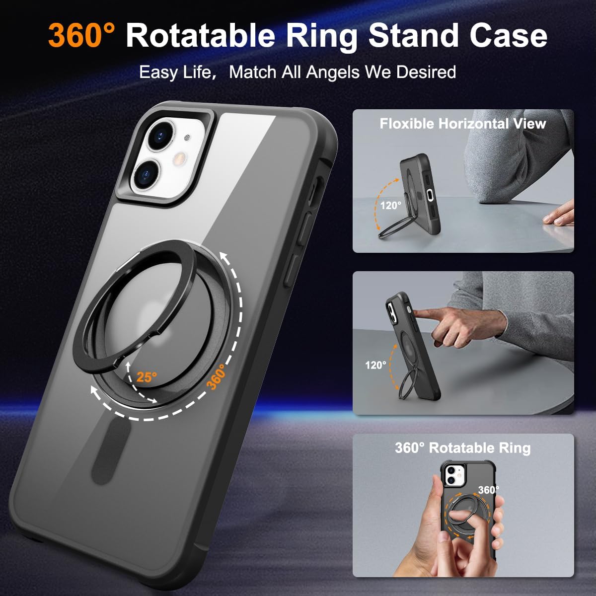 Funda para iPhone 1212 Pro con soporte de anillo magnético giratorio de 360 compatible con MagSafe protección de grado militar translúcido mate
