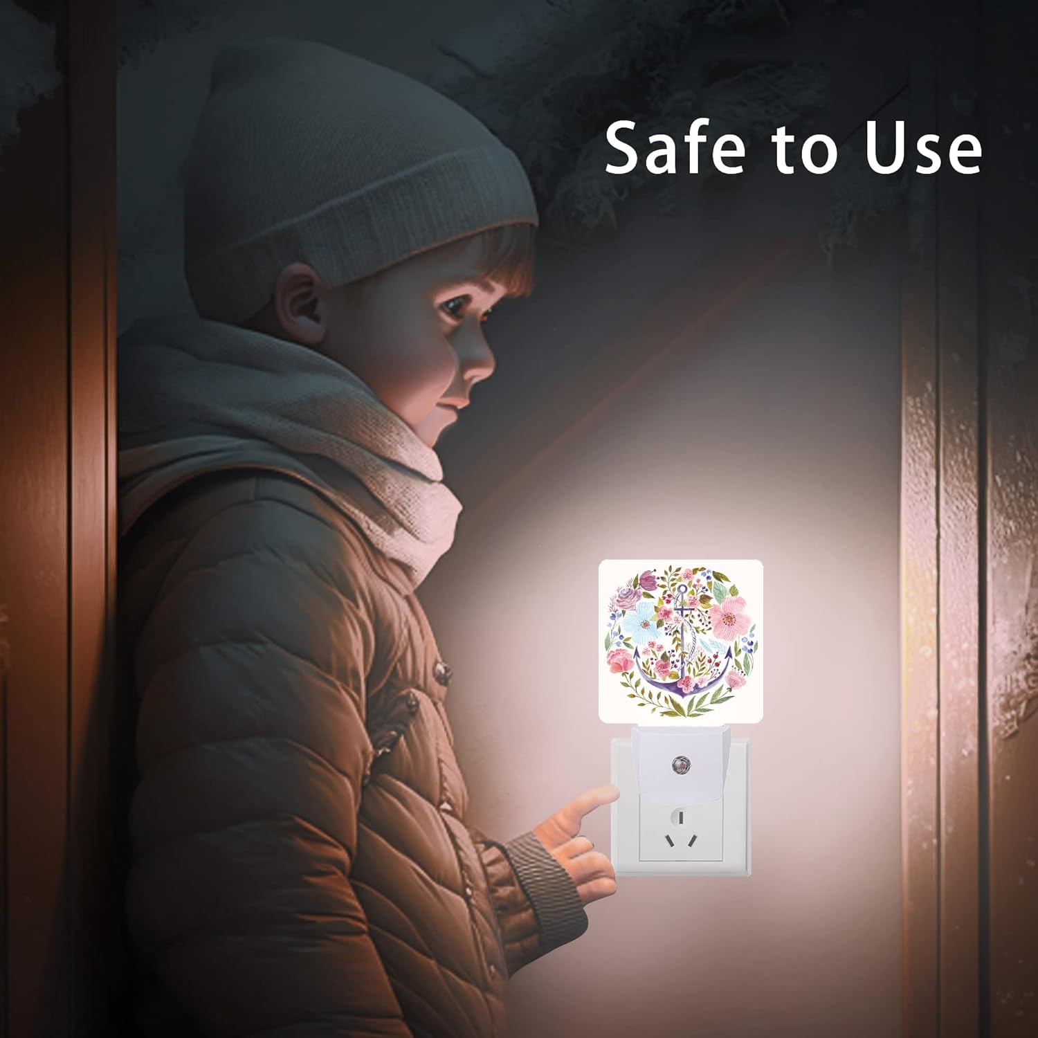 Luz nocturna de ancla, luces de noche con enchufe floral de acuarela de 0.5 W, apto para dormir para niños y niñas, luz nocturna LED con sensor de
