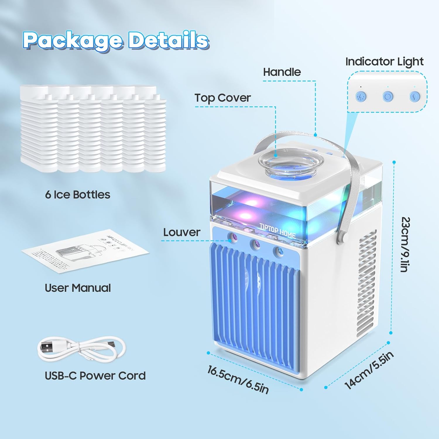 Ventilador de aire acondicionado portátil, mini humidificador personal recargable 4 en 1, enfriador de aire evaporativo de 3 velocidades con 7 luces