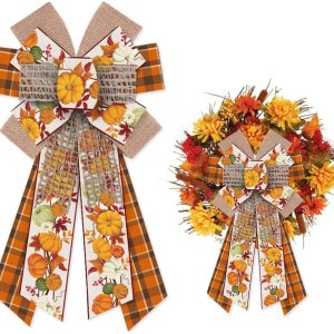 Hying Lazos grandes de otoño para corona, lazo de corona de calabaza a cuadros naranjas para puerta delantera, lazos de corona de Acción de Gracias Hying Lazos grandes de otoño para corona, lazo de corona de calabaza a cuadros naranjas para puerta delantera, lazos de corona de Acción de Gracias