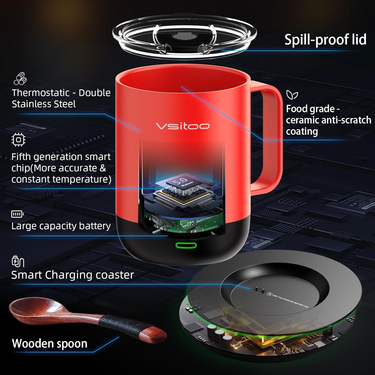 VSITOO S3PRO – Taza de café térmica con control de temperatura, 14 onzas, taza de viaje inteligente con calentador de café controlado manual y por