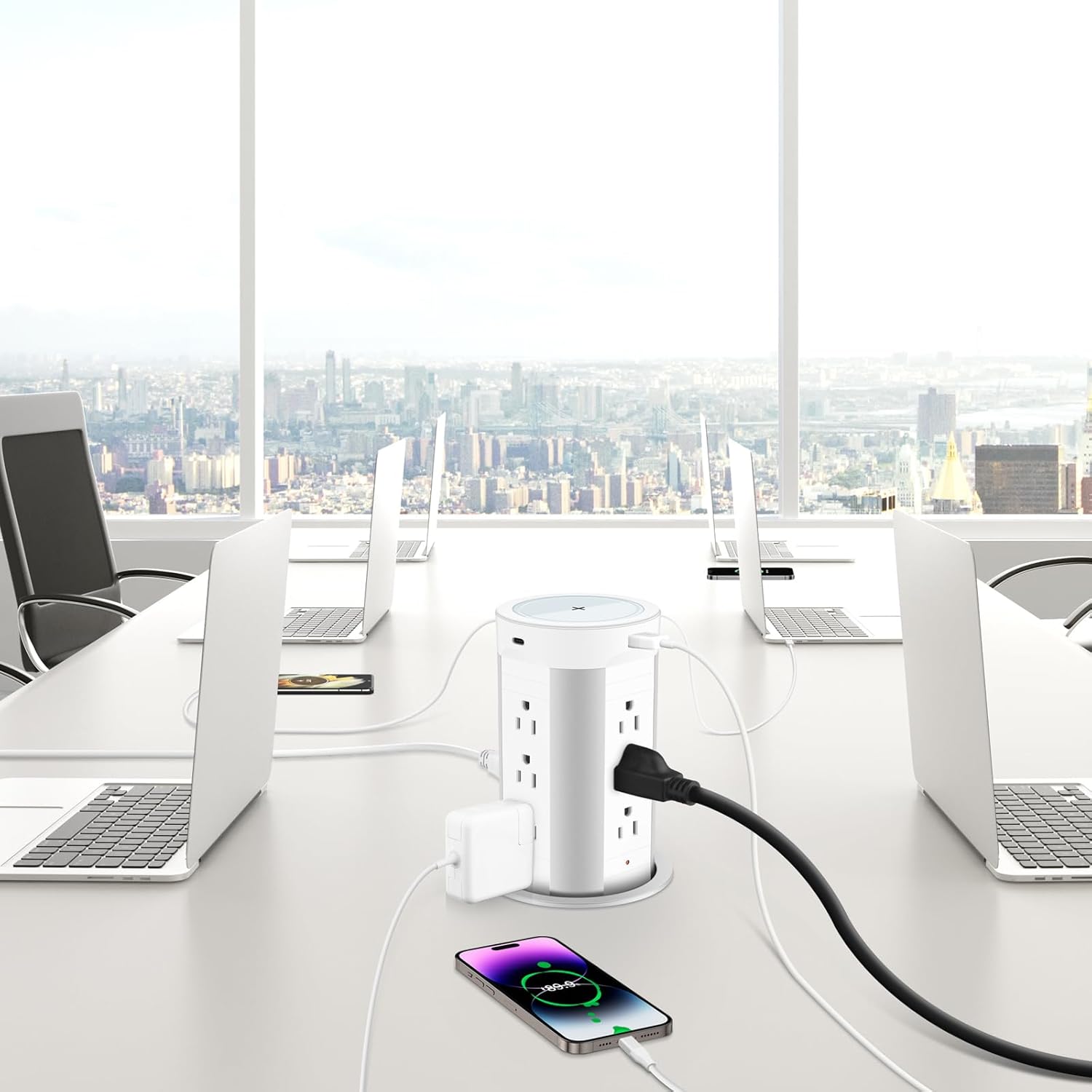 HEZI Toma de corriente desplegable para encimera con cargador inalámbrico de 15 W, entrega máxima de energía de 45 W, 12 CA, 2 USB-A y 2 USB-C,