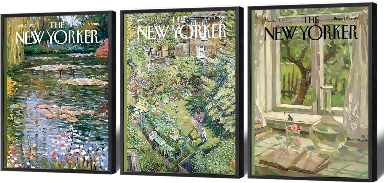 Htdsks Juego de 3 pósteres de The New Yorker de estilo rústico retro en lienzo para pared, arte de pared verde abstracto minimalista, pintura