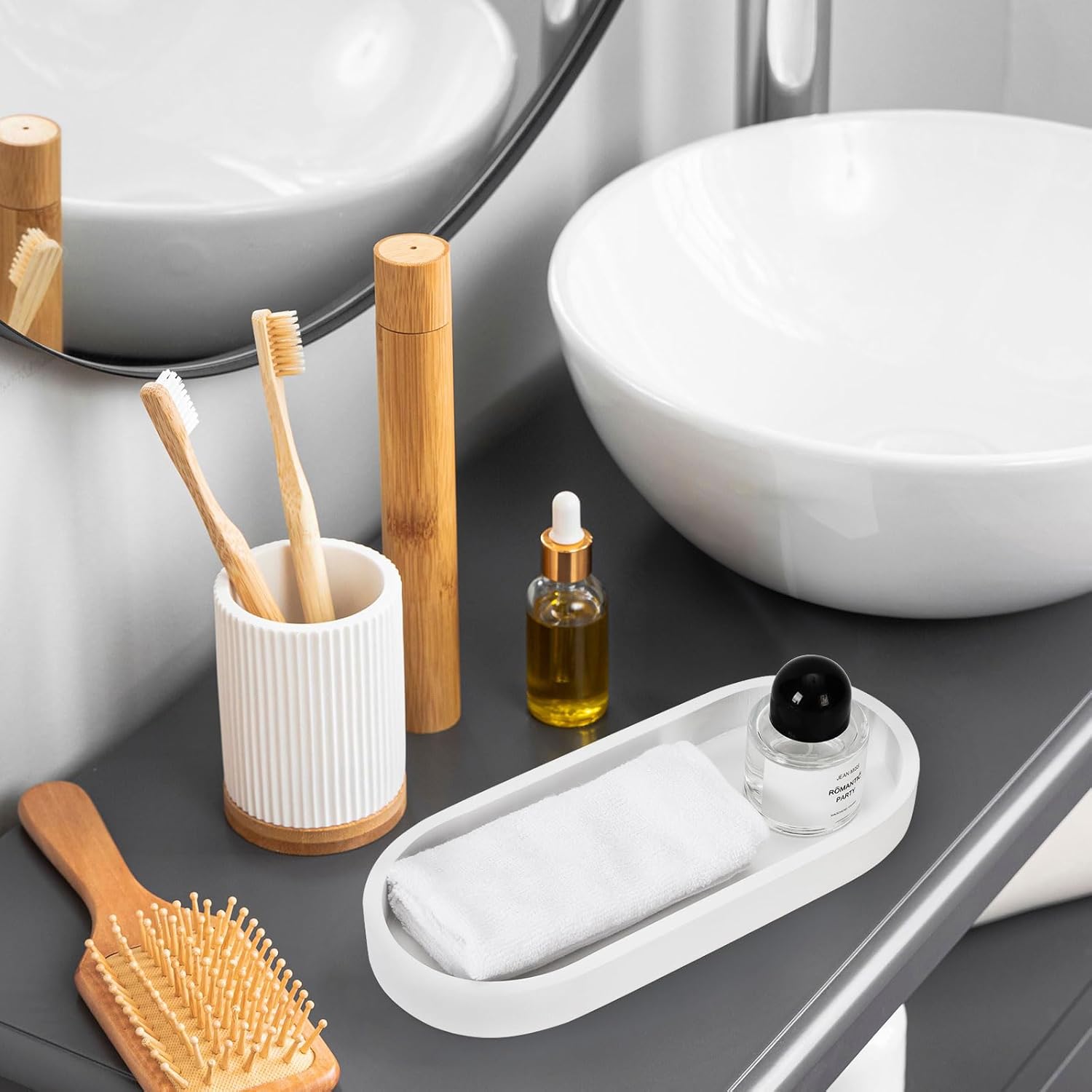 Bandeja ovalada de tocador de baño, pequeño organizador decorativo de bambú para encimera de cocina, tanque de inodoro y tocador, bandeja de velas y