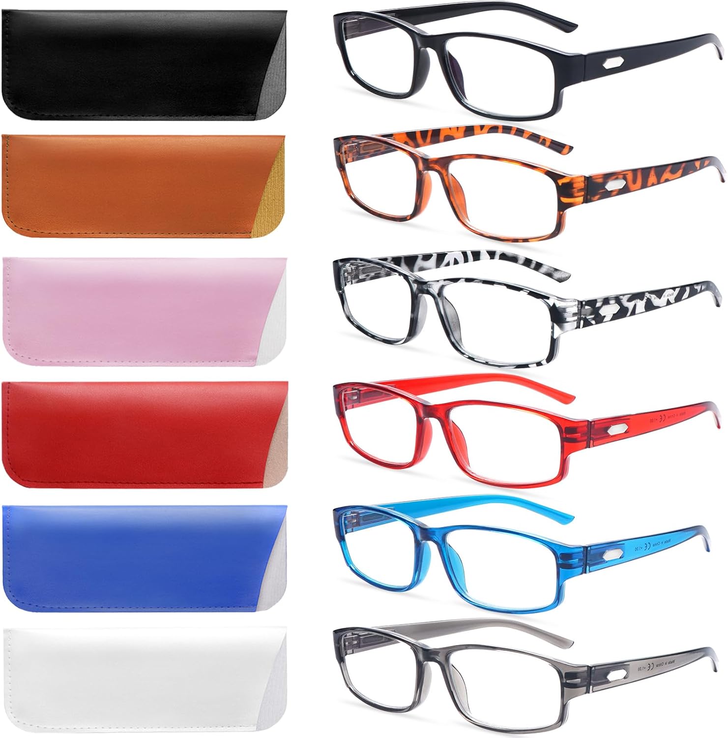 VIDEBLA Paquete de 6 lentes de lectura con bloqueo de luz azul, lectores de bisagra de resorte para mujeres y hombres, anteojos anti UV con 6 fundas