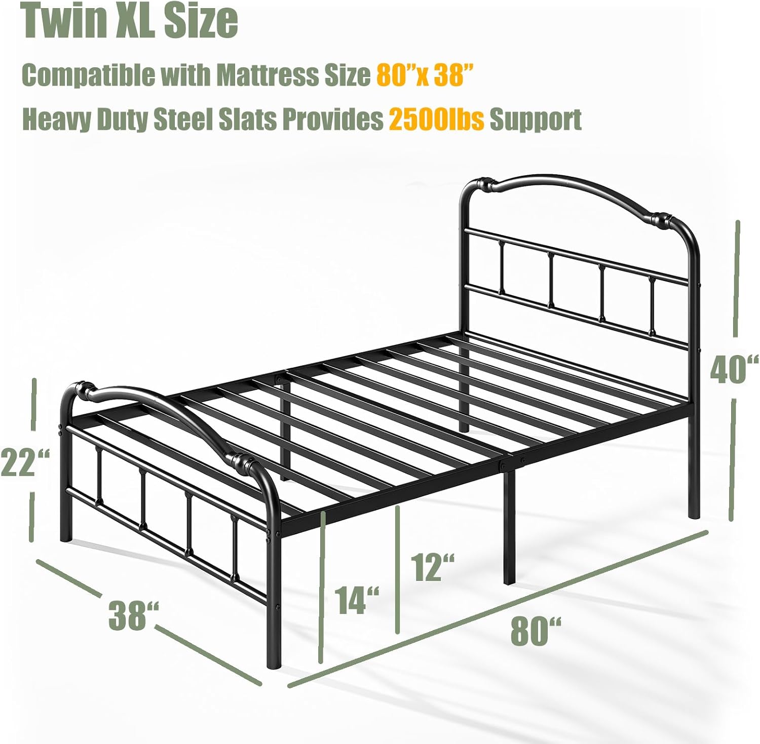 Base de cama individual XL con cabecero y estribo, estilo vintage, listones de acero, capacidad de peso de 14 pulgadas de alto y 2500 libras,