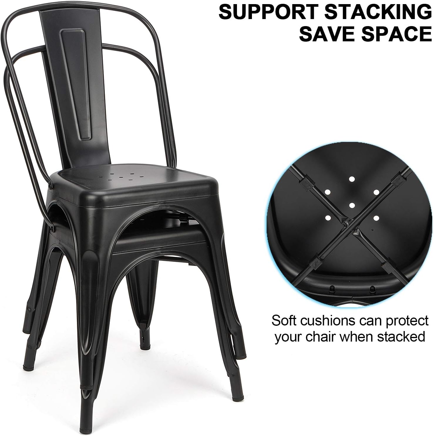Juego de 4 sillas de comedor de metal negro, sillas de patio, sillas de metal para cocina, sillas de metal para interiores y exteriores, silla de