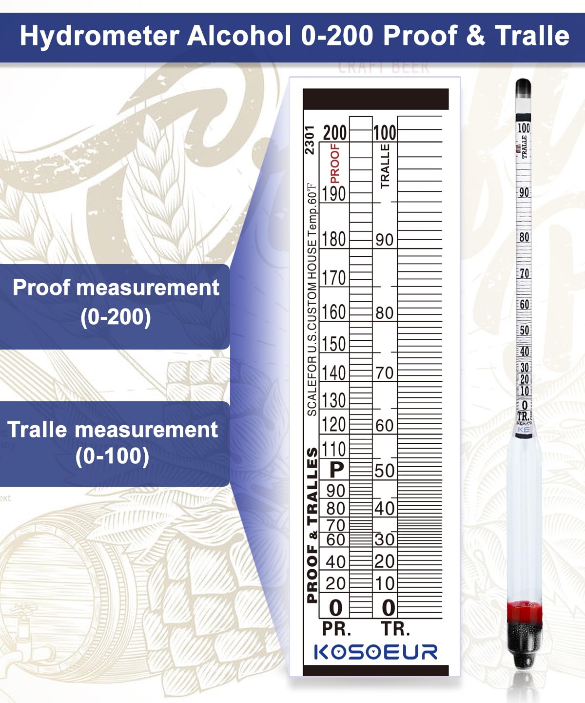 Kit de medidor de alcohol hidrómetro, hidrómetro de alcohol 0-200 a prueba y Tralle, probador de alcohol para licor, hidrómetro de alcohol para luz