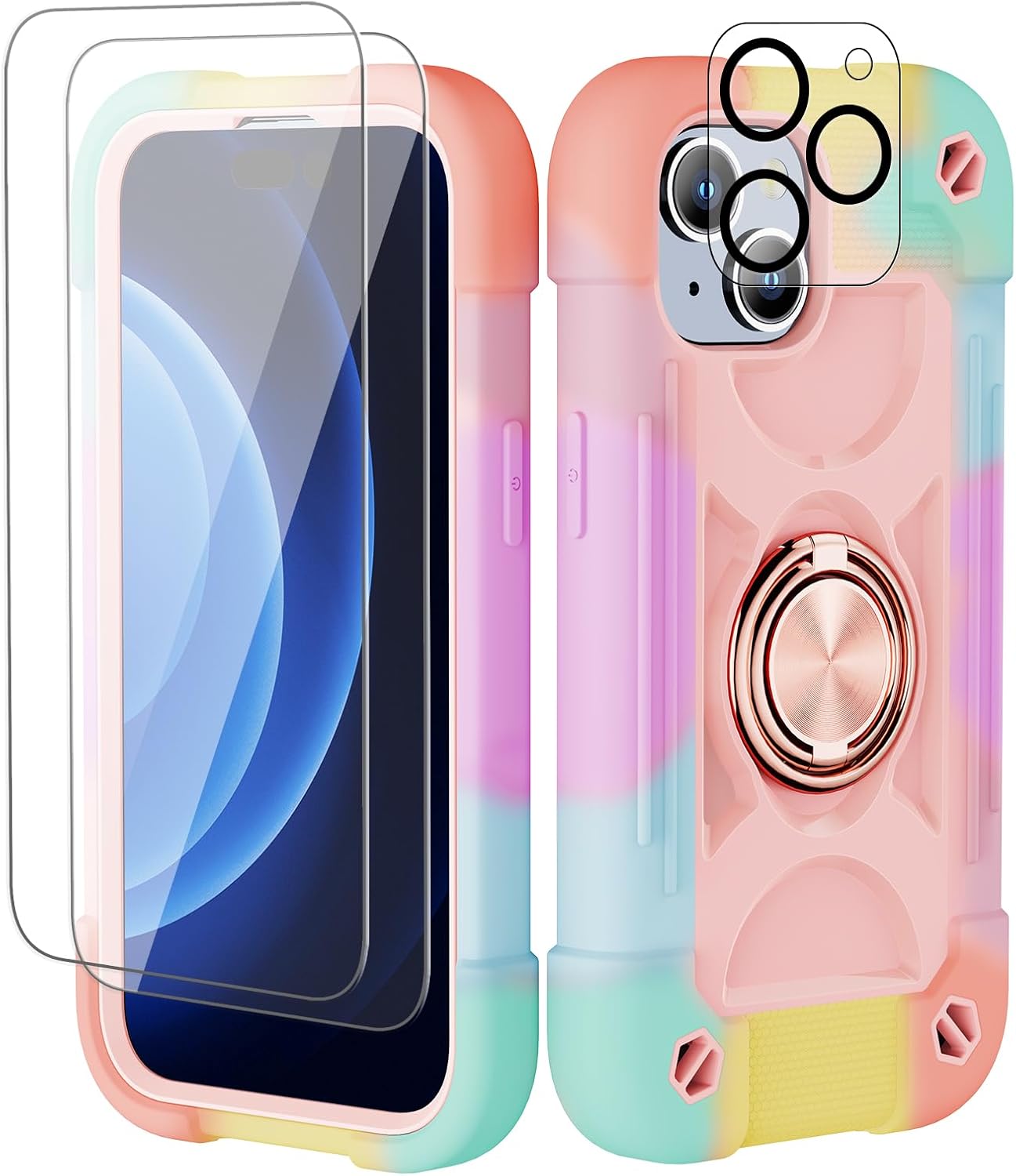 Funda compatible con iPhone 15 Plus de 6.7 pulgadas, resistente a prueba de golpes, de grado militar, con soporte de anillo, protector de pantalla