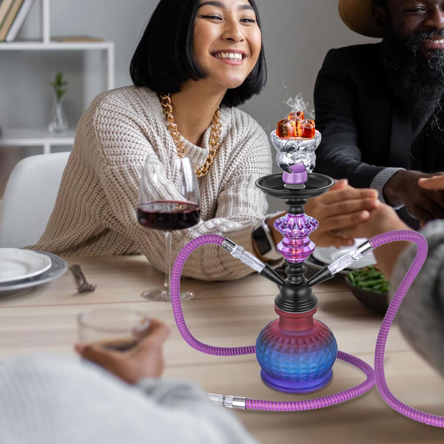 Juego de cachimba de 12 pulgadas con 2 mangueras Shisha Hookah Set con todo – Jarrón de vidrio moderno, 50 láminas de narguile y 50 puntas de