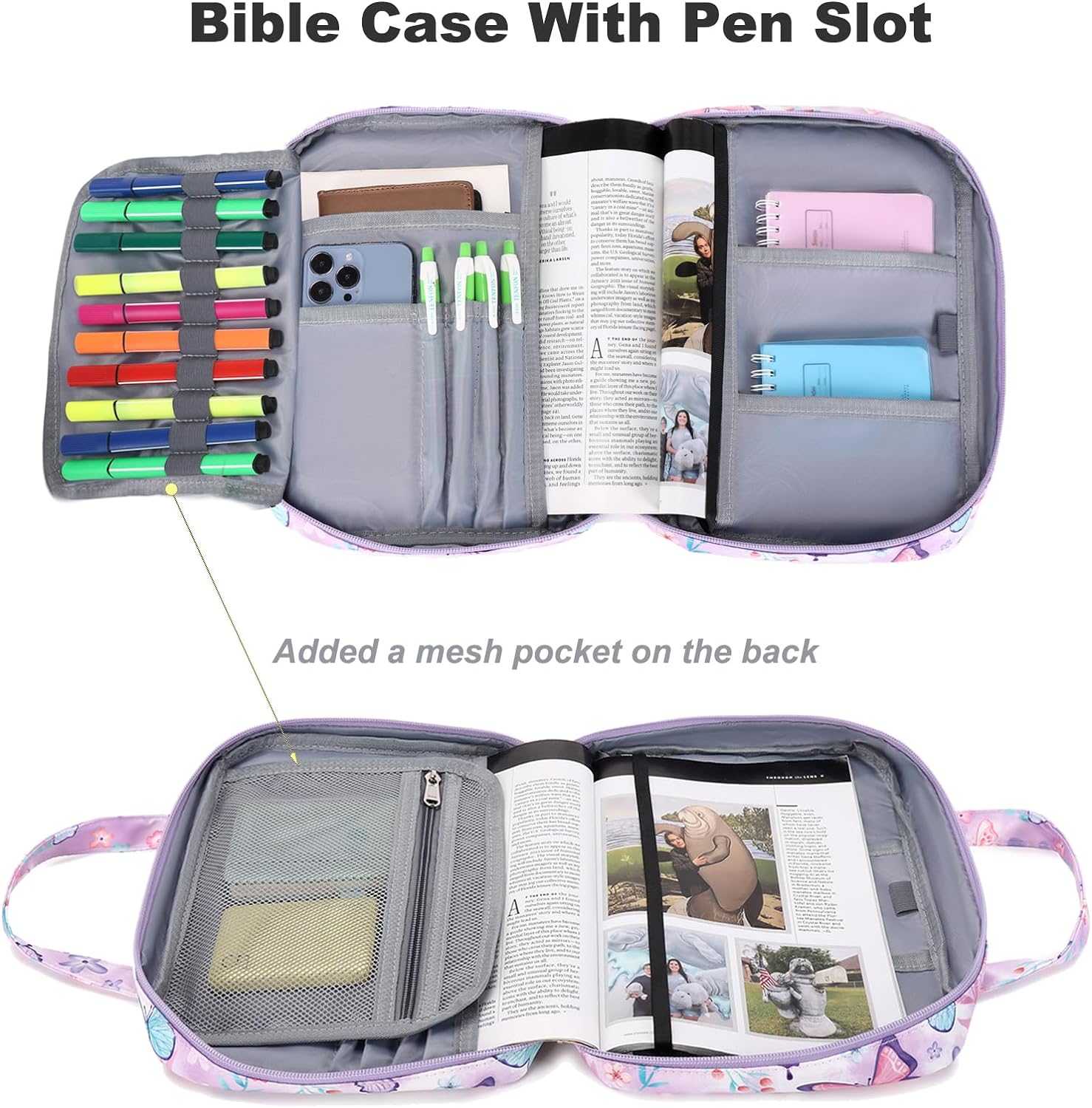Octsky Fundas para la Biblia para niñas, funda de transporte para niños, bolsa de iglesia con asa, bolsillo con cremallera (lago de mariposas)