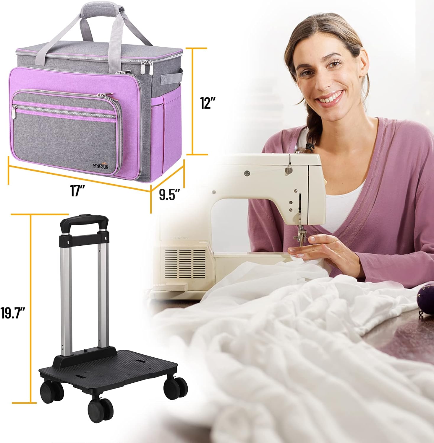 FINESUN Estuche para máquina de coser con ruedas, plegable de lujo para máquina de coser con ruedas, bolsa de transporte para hermano, cantante,