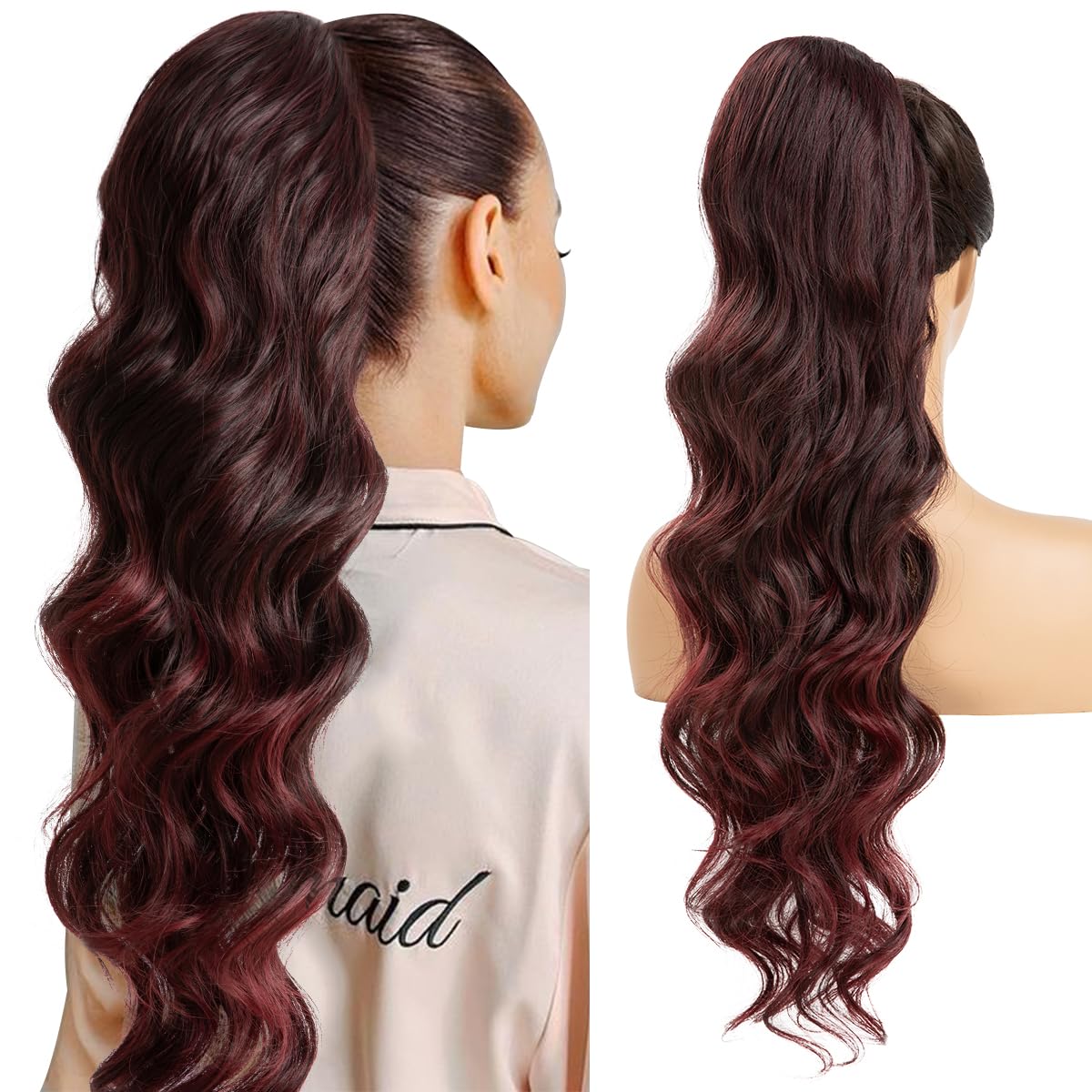 Extensiones de cola de caballo sintéticas resistentes al calor, 26 pulgadas de largo, esponjosas, onduladas, para mujer, color burdeos