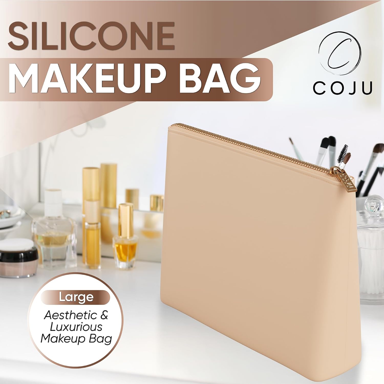 COJU Bolsa de maquillaje de silicona con cremallera de metal lujosas bolsas de maquillaje para mujeres, soporte para brochas de maquillaje