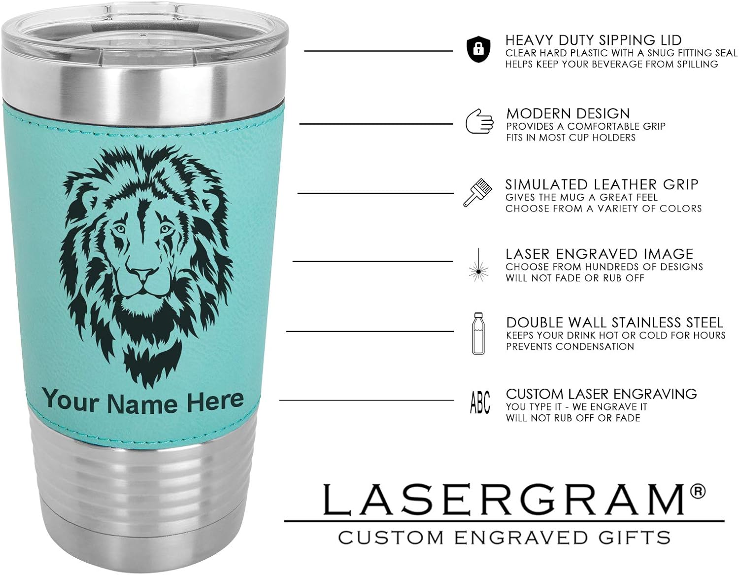 LaserGram Vaso aislado al vacío de 20 onzas, cabeza de caballo 1, grabado personalizado incluido (cuero sintético, verde azulado)