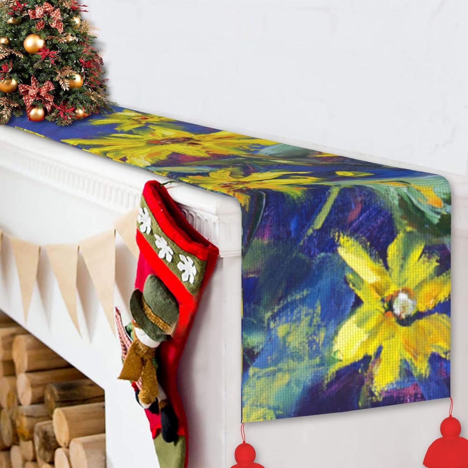 Yellow Flowers on Blue Background Christmas Table Runner Dining Table Decor Christmas Decorations Indoor Home Decor Christmas Table Runners Xmas