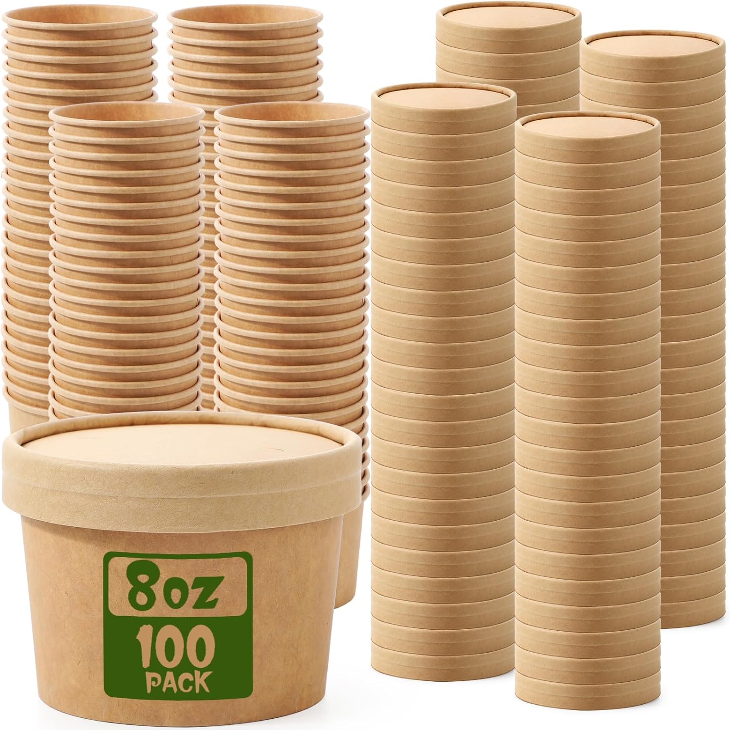 Fulmoon Paquete de 100 recipientes de papel de 8 onzas con tapas, recipientes de papel desechables para alimentos con tapas ventiladas, recipientes