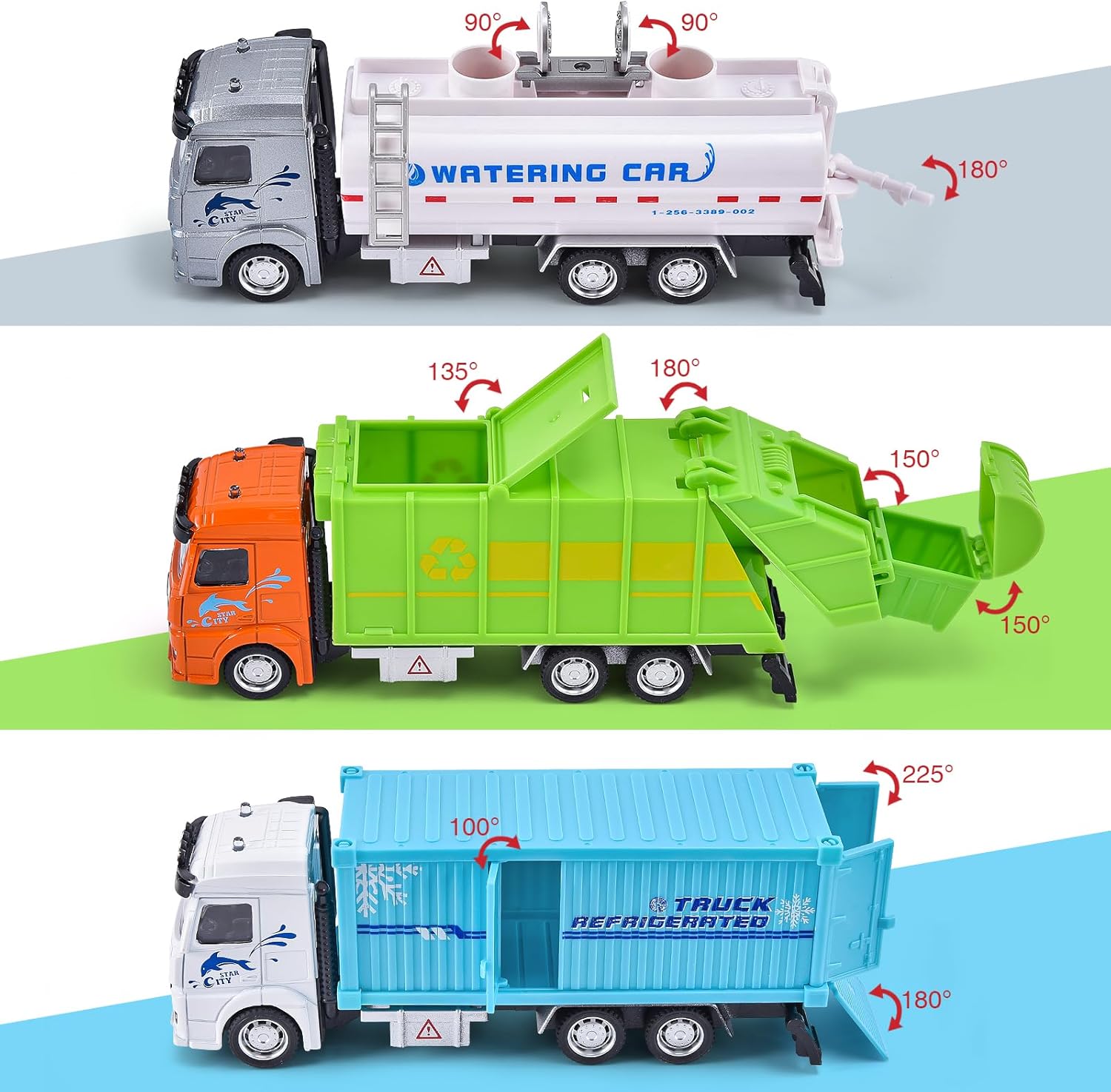 Tacobear Paquete de 3 camiones fundidos a presión, vehículos de transporte para niños y niños, camión de basura, camión rociador, camión