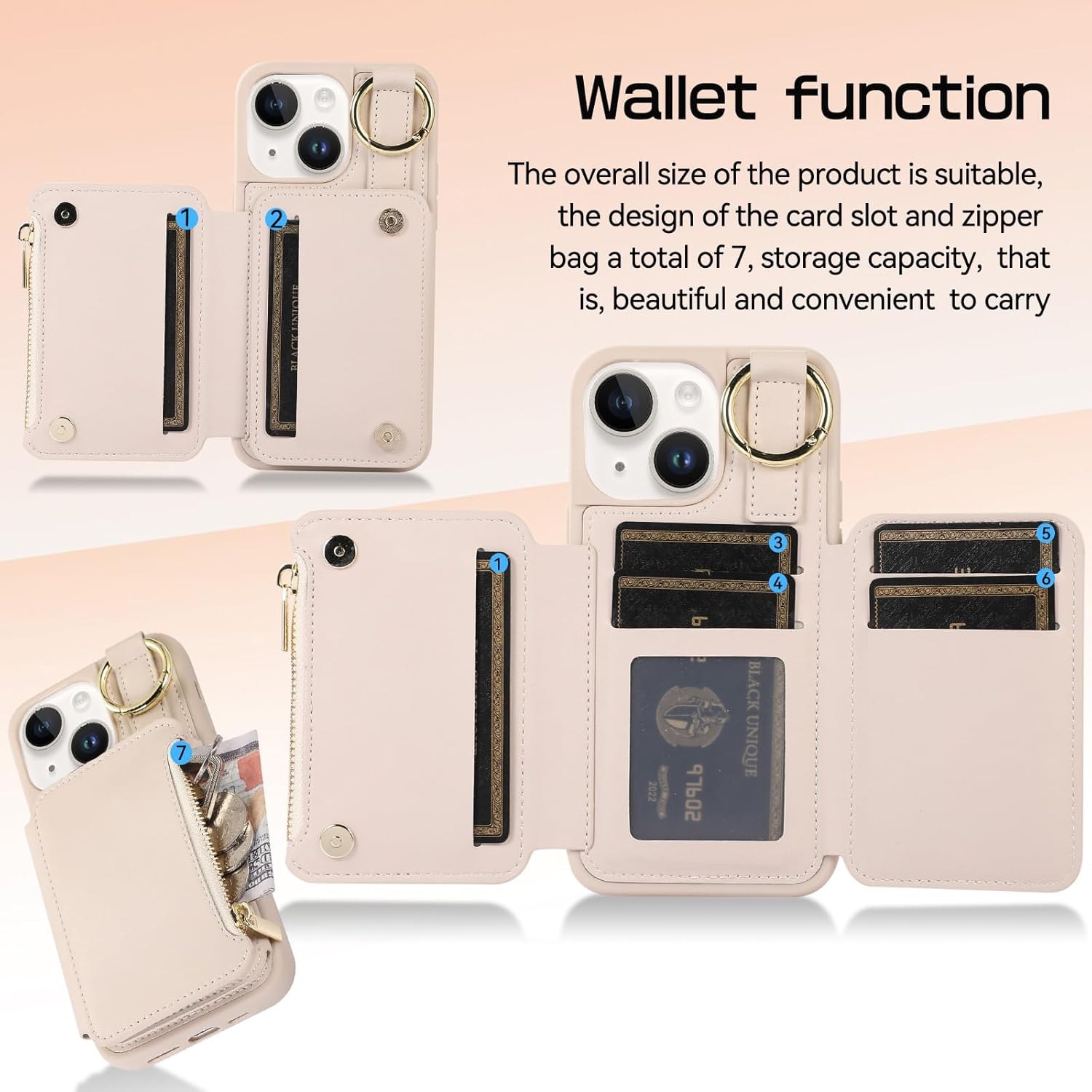 TopPerfekt Funda cruzada para iPhone 14 iPhone 13 con tarjetero y correa para la muñeca para el hombro, cordón de cuero con cremallera, cartera con