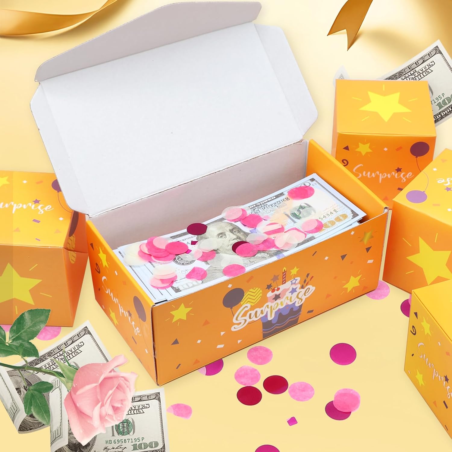 Caja de regalo sorpresa con explosión de dinero, caja de regalo única plegable de sobre rojo con confeti, caja de regalo de lujo de explosión en