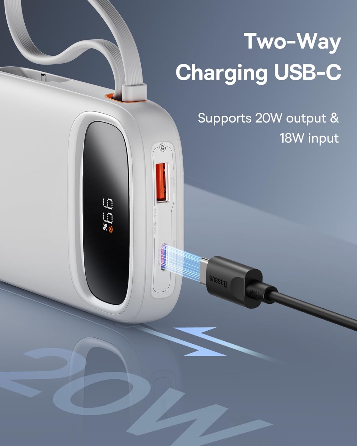 Baseus Cargador portátil, cargador portátil de 22.5 W, 10000 mAh, cargador de teléfono portátil de carga rápida con cable de salida iOS y USB-C