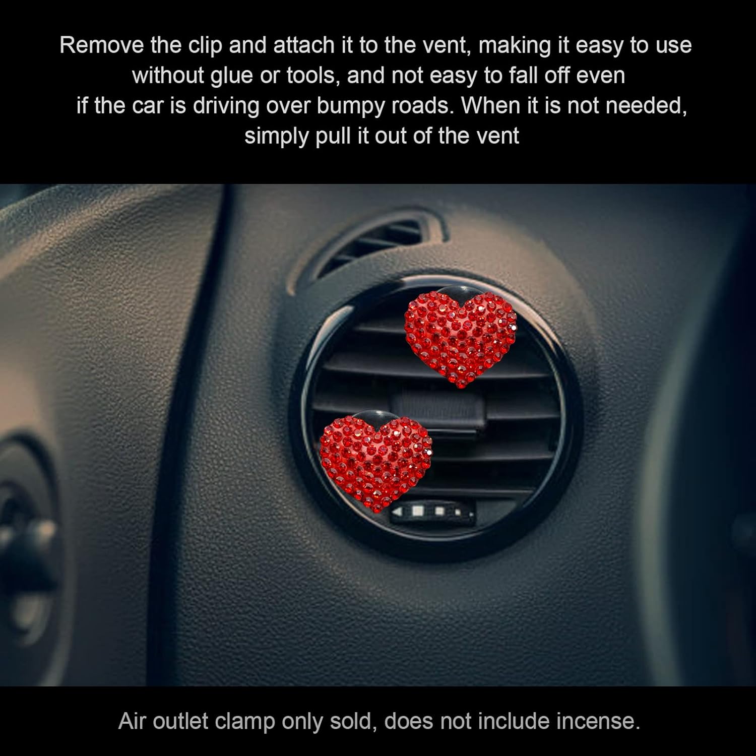 2 piezas de dijes de corazón de cristal brillantes para ventilación de automóvil, accesorios universales para decoración interior del automóvil