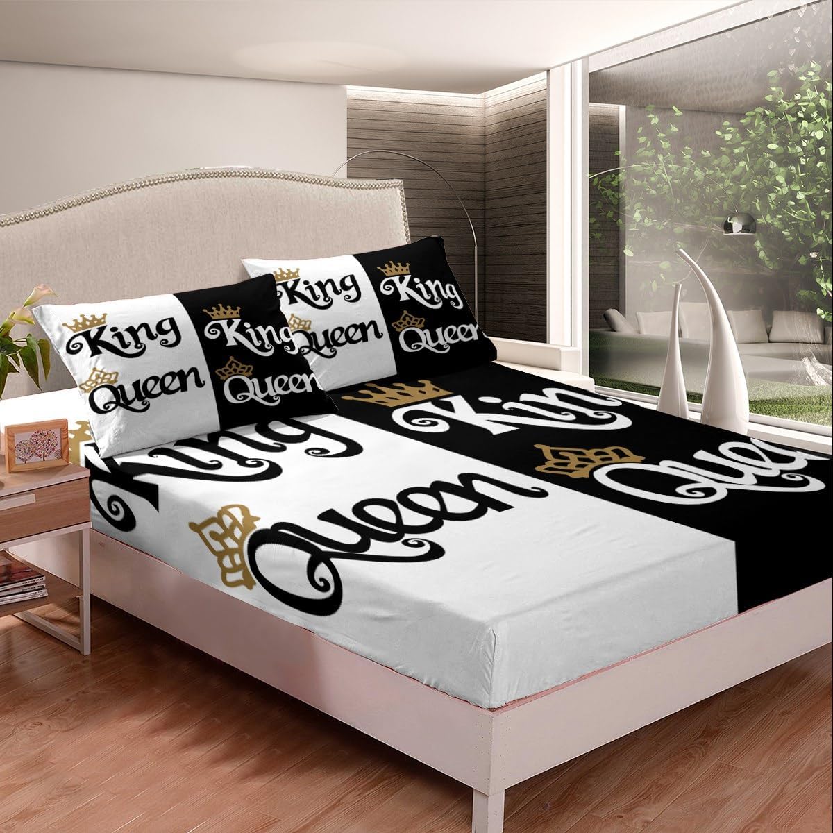 Juego de sábanas de 4 piezas con diseño de corona de dibujos animados, tamaño Queen, King, para parejas, amantes de parejas, adolescentes, mujeres,