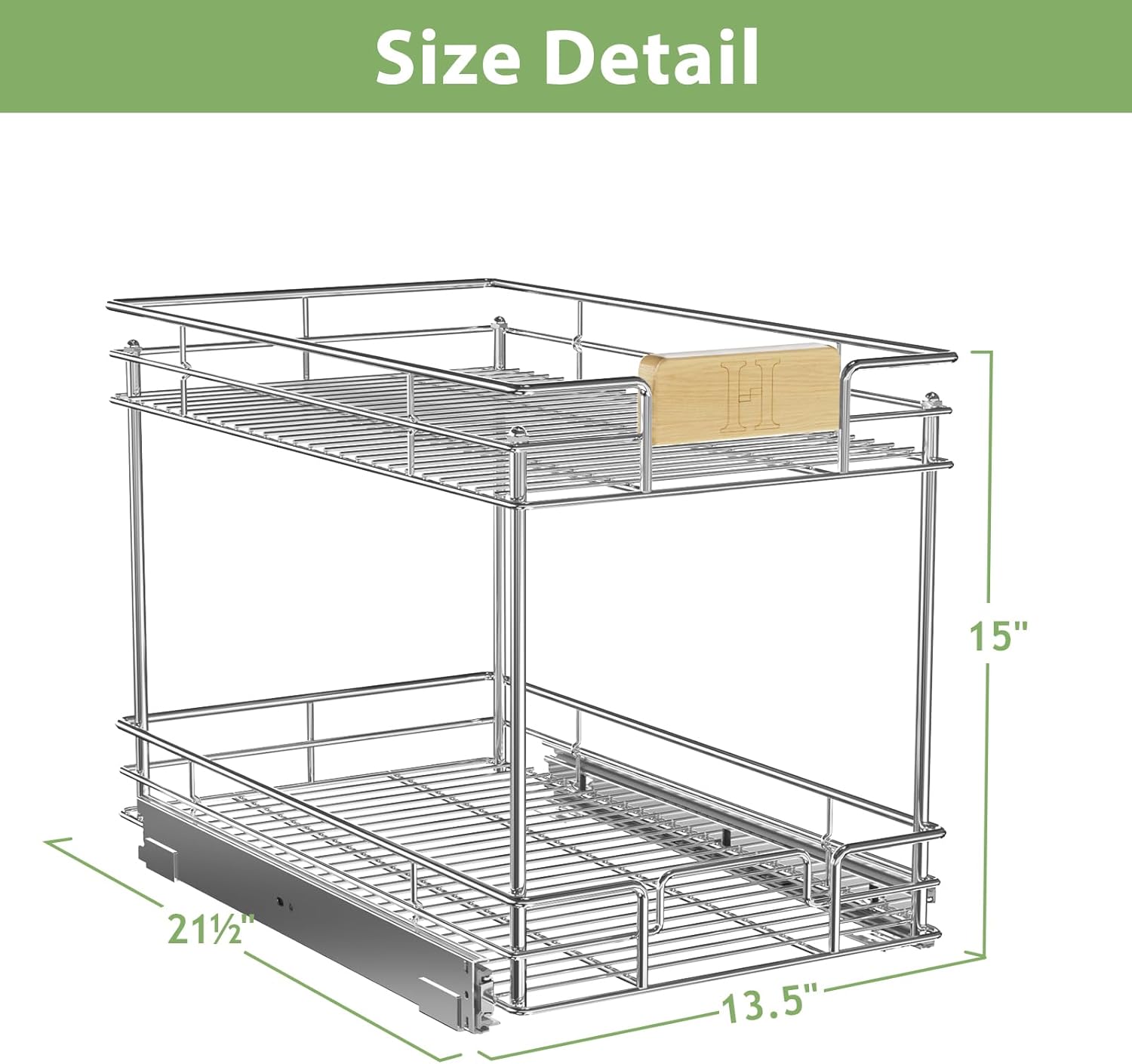 ROOMTEC Organizador de gabinete extraíble con mango de madera, 13 pulgadas de ancho x 21 pulgadas de profundidad, 2 niveles para cajones de