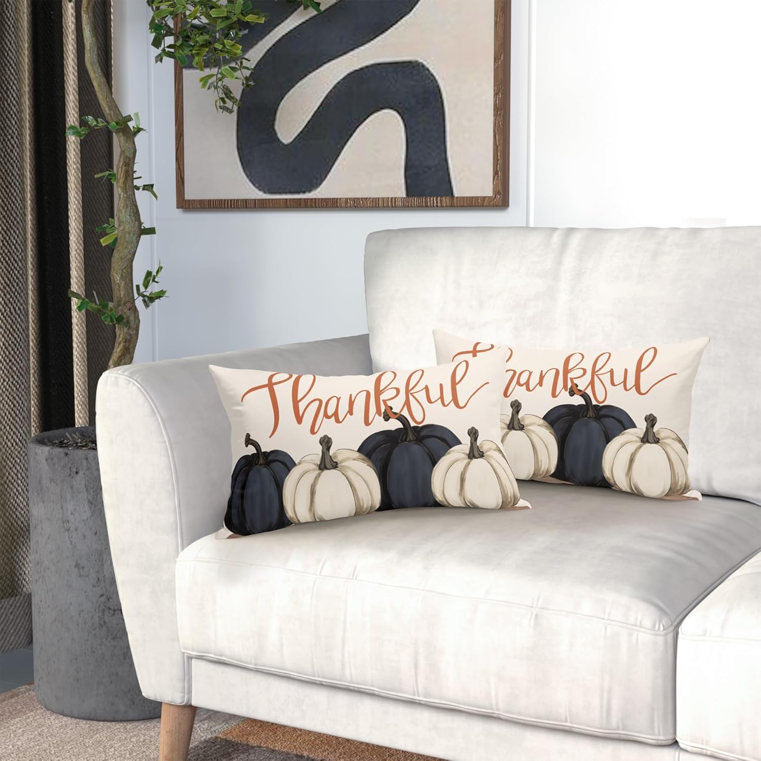 Juego de 2 fundas de almohada de calabazas azules y blancas decorativas de otoño de 12 x 20 pulgadas, juego de 2 fundas de almohada de otoño de