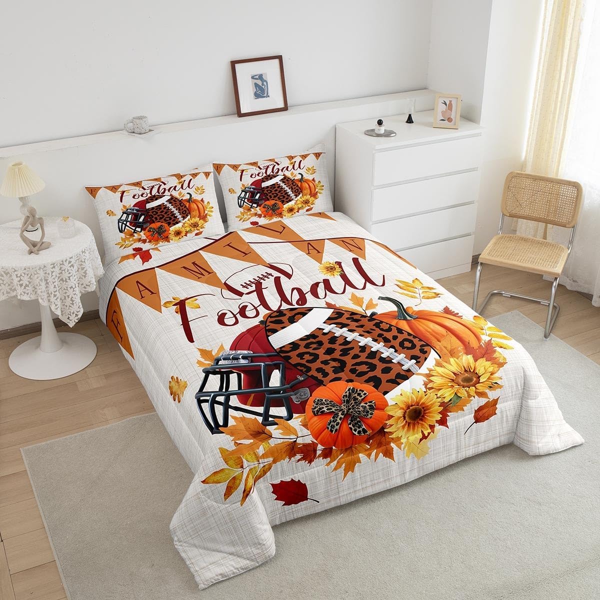 TYTS8656ZMD-BZ_USk – Juego de edredón de fútbol americano, ropa de cama de otoño con girasoles y calabaza, tamaño King, juegos deportivos de dibujos