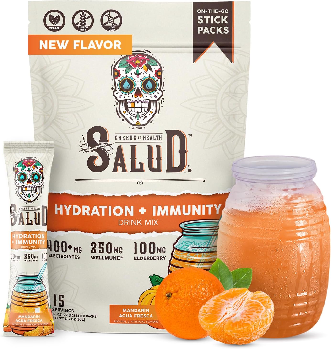 Salud – Polvo de electrolitos de hidratación e inmunidad  Mandarina  15 porciones  Mezcla de bebida Fresa Agua Fresca, saúco, sin lácteos y soja,