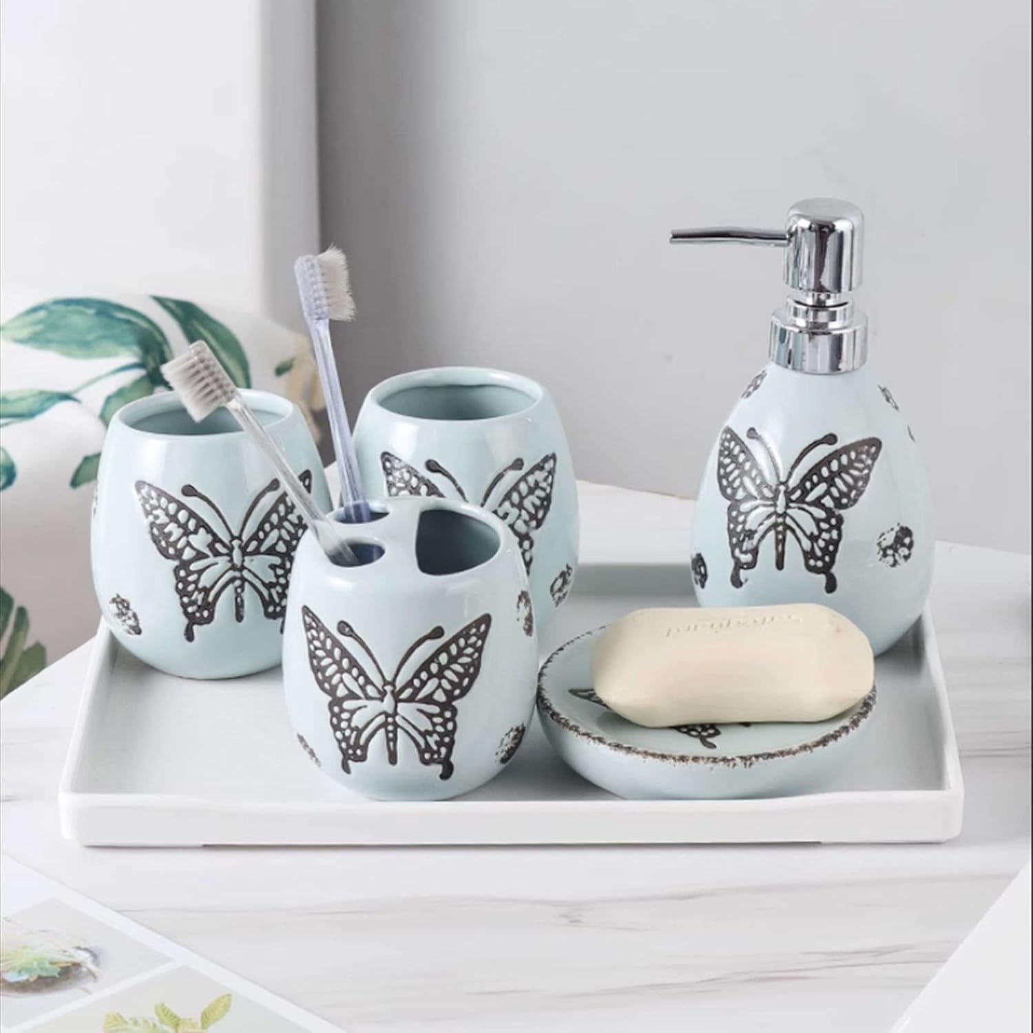 Dispensador de jabón de vidrio con bomba amplia, juego de accesorios de baño, accesorios para baño, regalo de cerámica contiene vaso de cepillo de