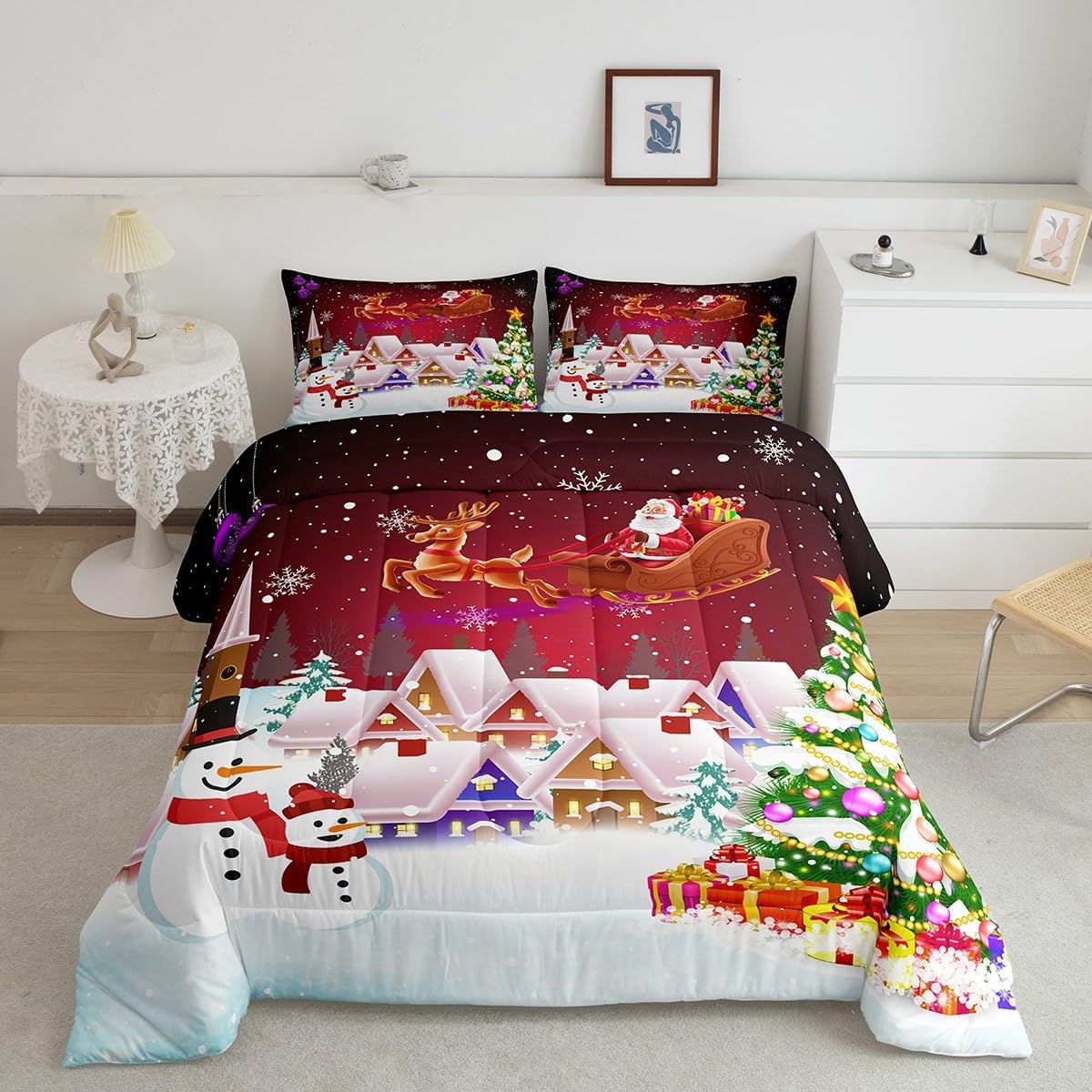 Manfei Juego de edredón de Navidad, tamaño King, juego de ropa de cama de árbol de Navidad de muñeco de nieve, 3 piezas para decoración de