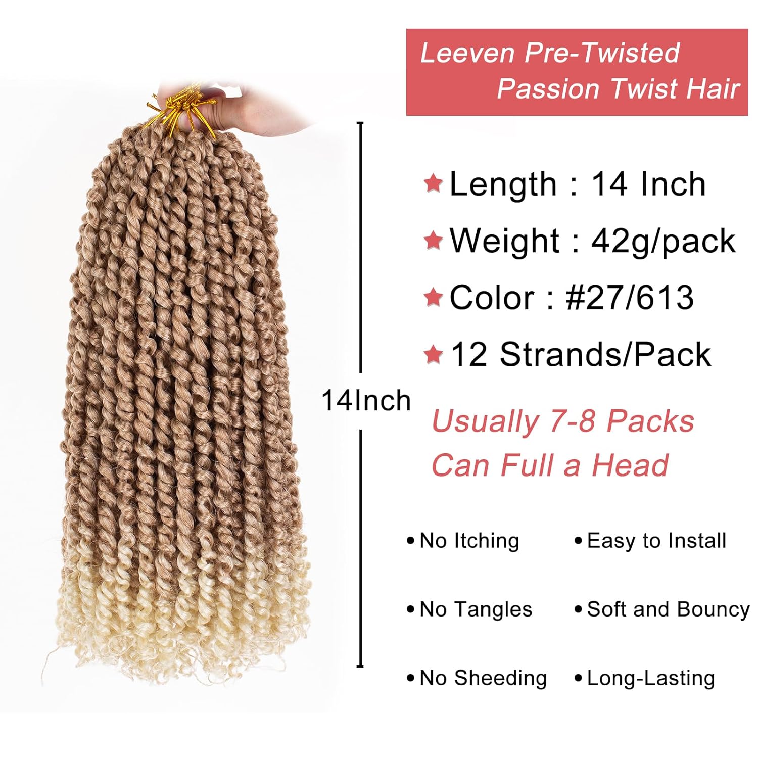 Leeven Cabello rubio degradado de 14 pulgadas, pretrenzado y trenzado de pasión, 8 paquetes de extensiones de cabello sintético bohemio para mujeres