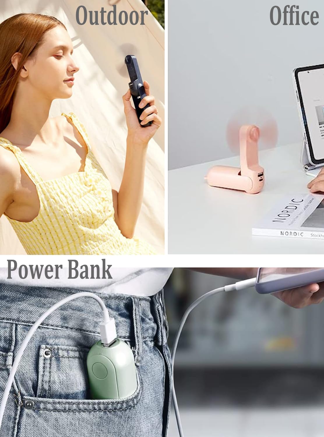 Ventilador de mano portátil, mini ventilador de mano plegable 2 en 1, ventilador de bolsillo personal recargable por USB con banco de energía, mini