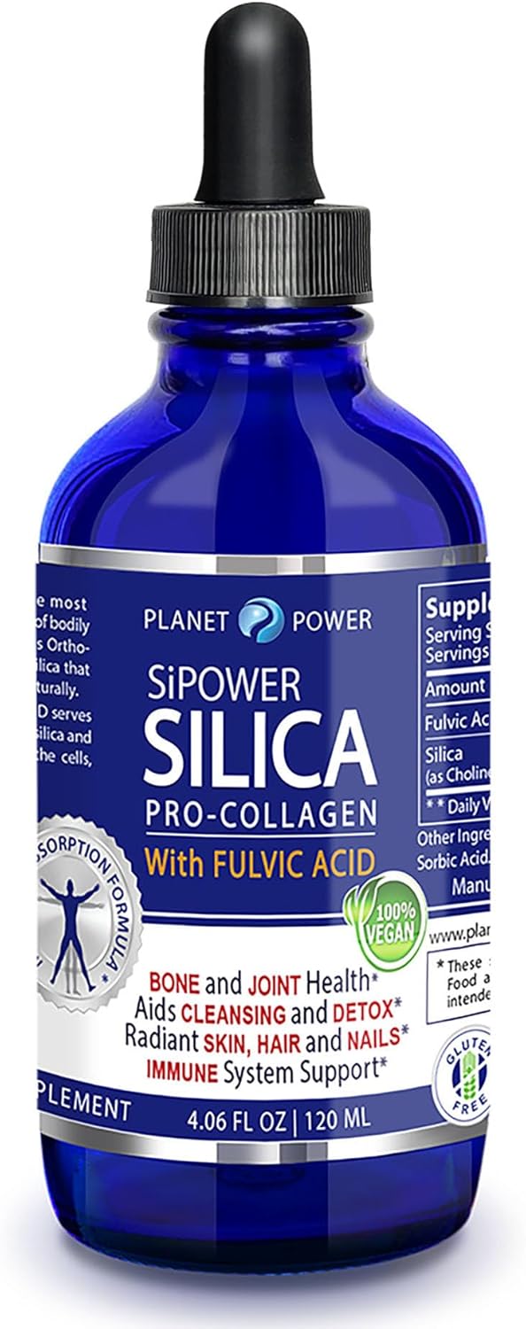 Planet Power SiPower Silica Vegan Collagen + Fulvic Acid 4oz Glass Bottle, Immune System, Maximum Absorption  Concentrated Formula, Bones, Joints,