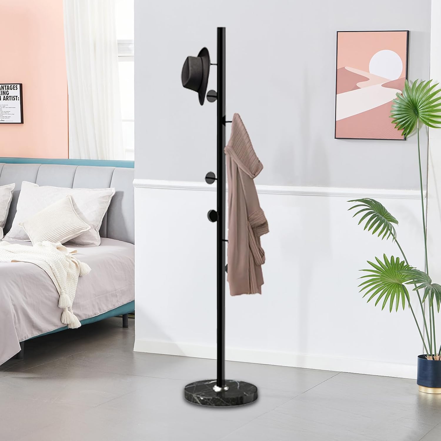Perchero de metal independiente, resistente perchero con base de mármol natural, perchero para sombreros de árbol para entrada, pasillo, dormitorio