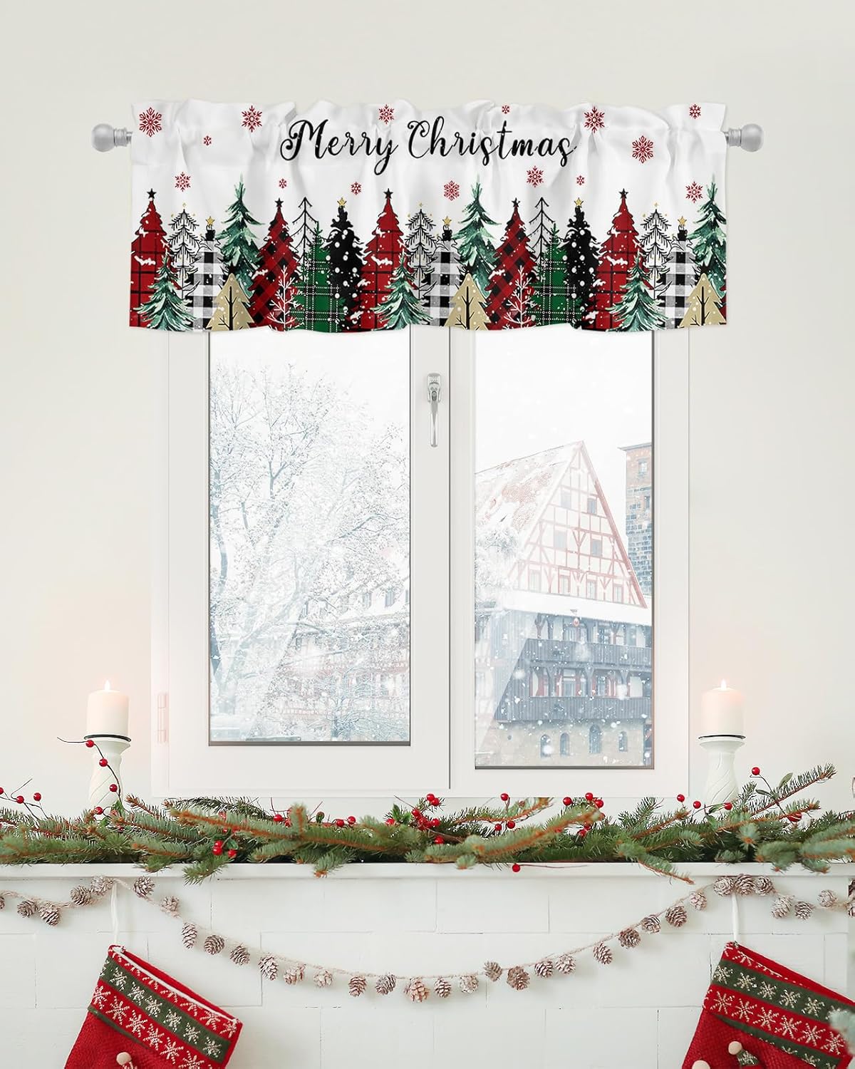 Cortinas de cenefas de Feliz Navidad para cocina, rojo, verde, negro, búfalo, árbol de Navidad, copos de nieve, cenefa de cocina blanca, cortinas