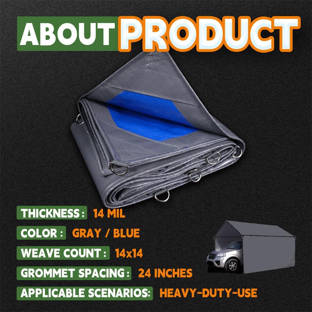 RAINDEWAY Tarps – Lona resistente al agua de 4 x 5 pies -14 mils súper resistente con anillos de metal y esquinas y bordes reforzados, resistente a
