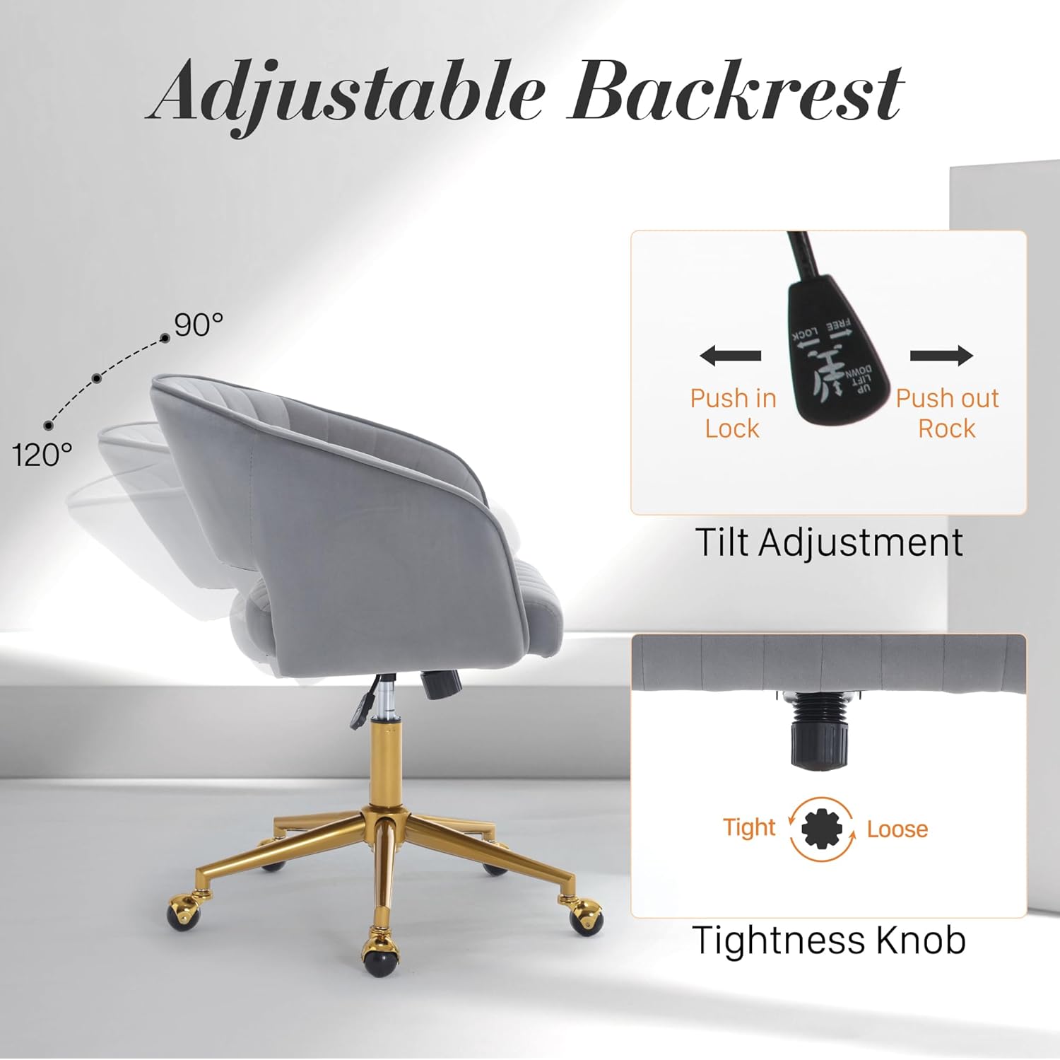 Homedraft Silla de escritorio giratoria para oficina en casa, moderna silla de escritorio de terciopelo, sillón de altura ajustable con base dorada,