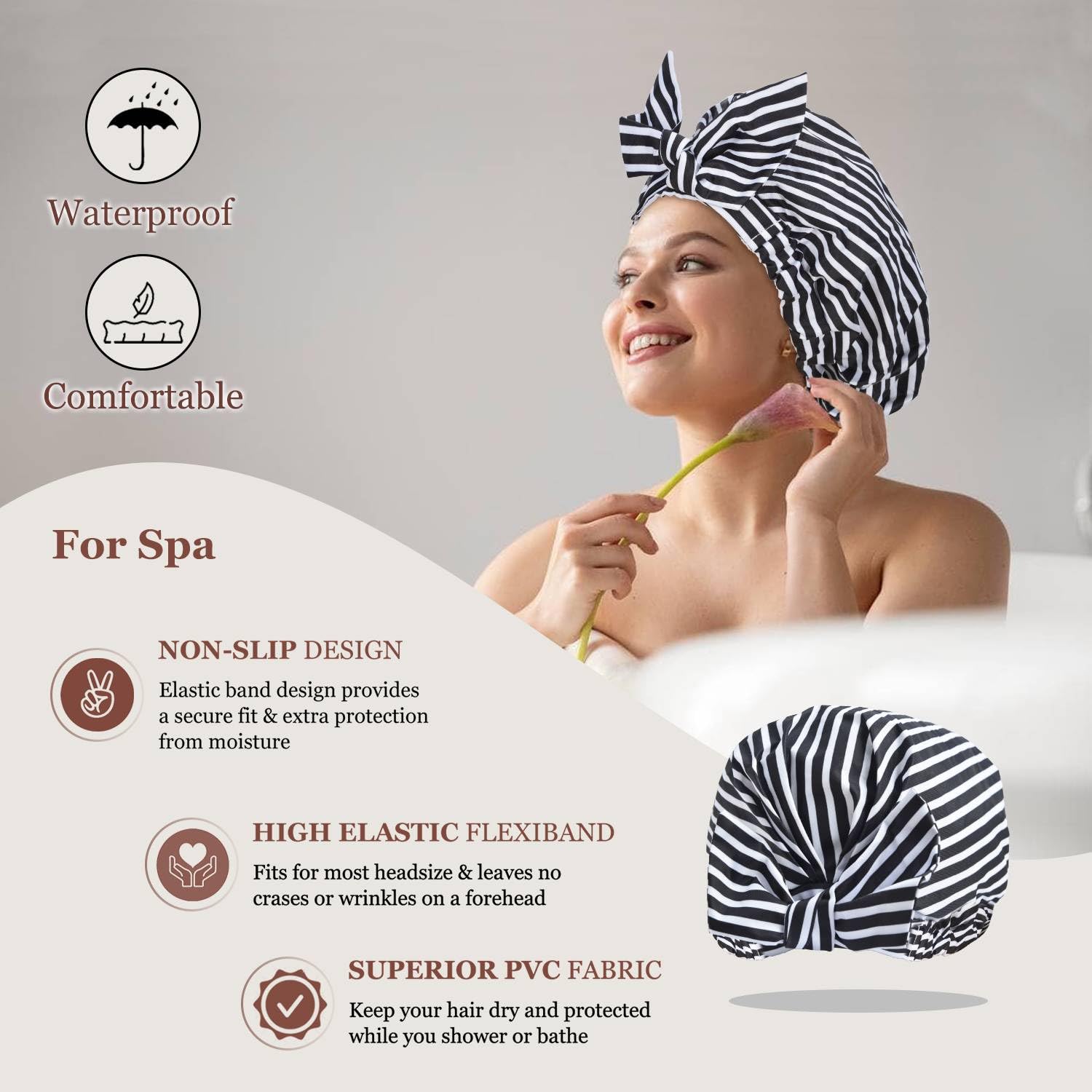 Gorro de ducha de lujo para mujer, reutilizable, impermeable, para ducha, con moño ajustable, gorro de baño (rayas negras)
