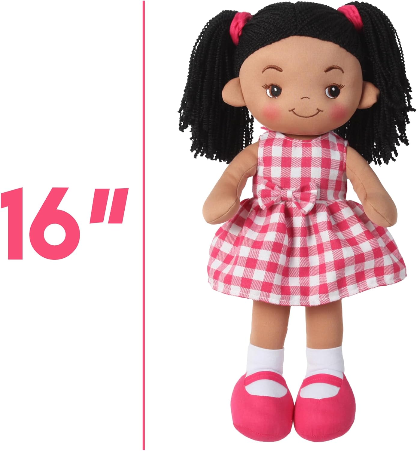 Muñecas de acurrucarse personalizadas, muñeca de trapo suave morena personalizada, vestido de cuadros rosa, 16 pulgadas, muñecas de trapo