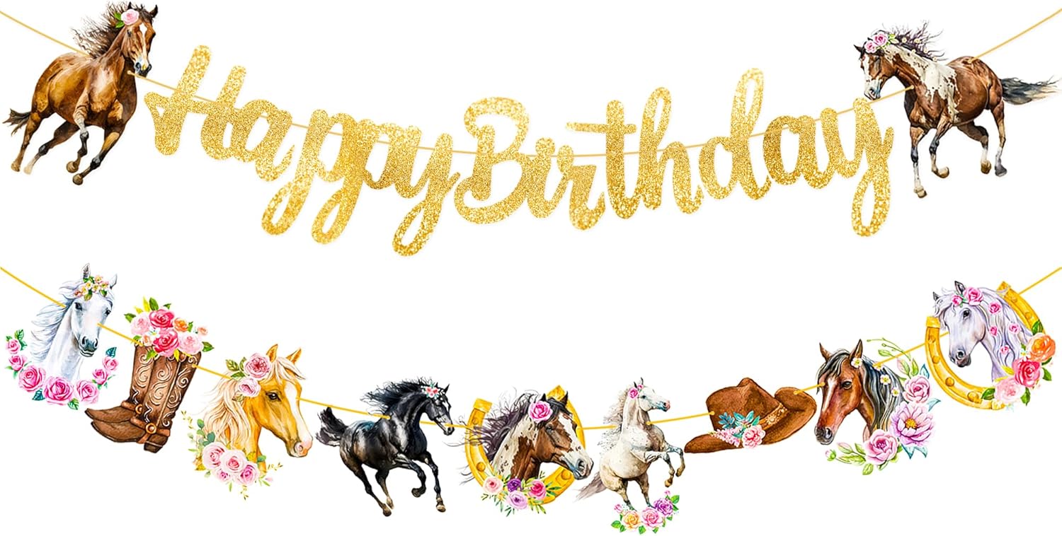 Cartel de feliz cumpleaños de vaquera, suministros para fiesta de cumpleaños de vaquera, suministros con purpurina con temática de vaquera