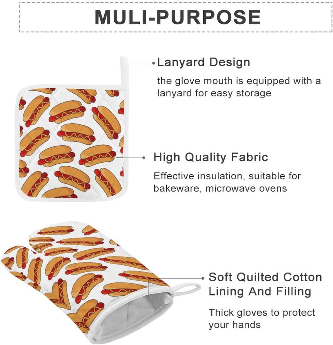 Juego de 4 manoplas de horno y soportes para ollas para perros calientes, resistentes al calor, guantes antideslizantes, decoración de cocina para