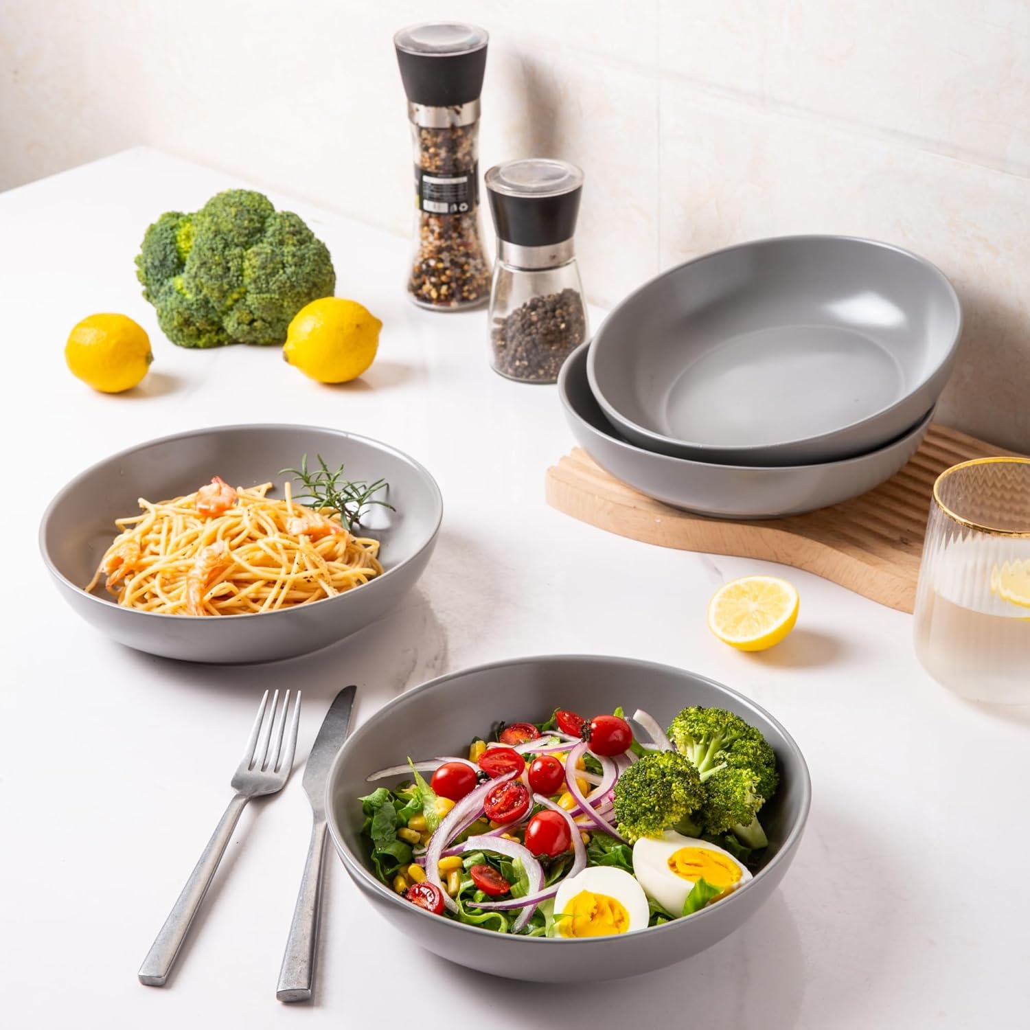 AmorArc Juego de 6 cuencos de cerámica para pasta de 8.5 pulgadas, cuencos grandes de 32 onzas para cocina, cuencos anchos para pasta, ensalada,